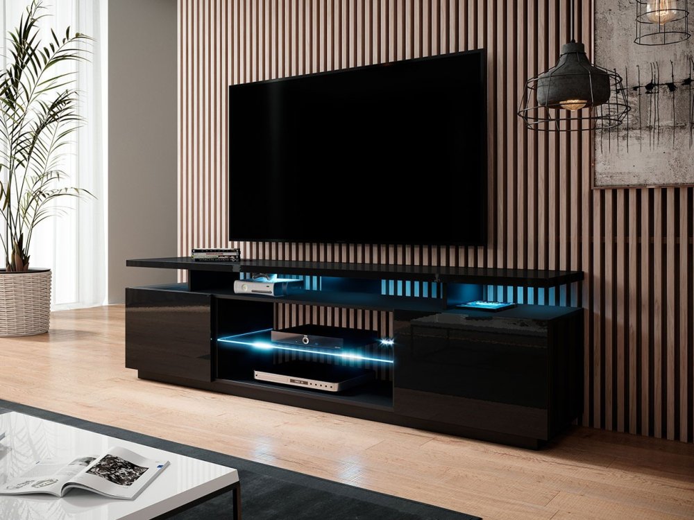 Veneti TV stolík s LED bielym osvetlením SALTA - čierny / lesklý čierny